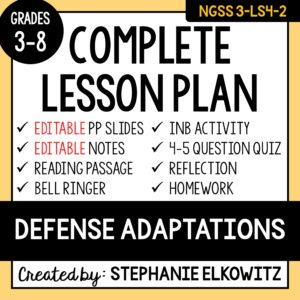 3-LS4-2 Defense Adaptations Lesson